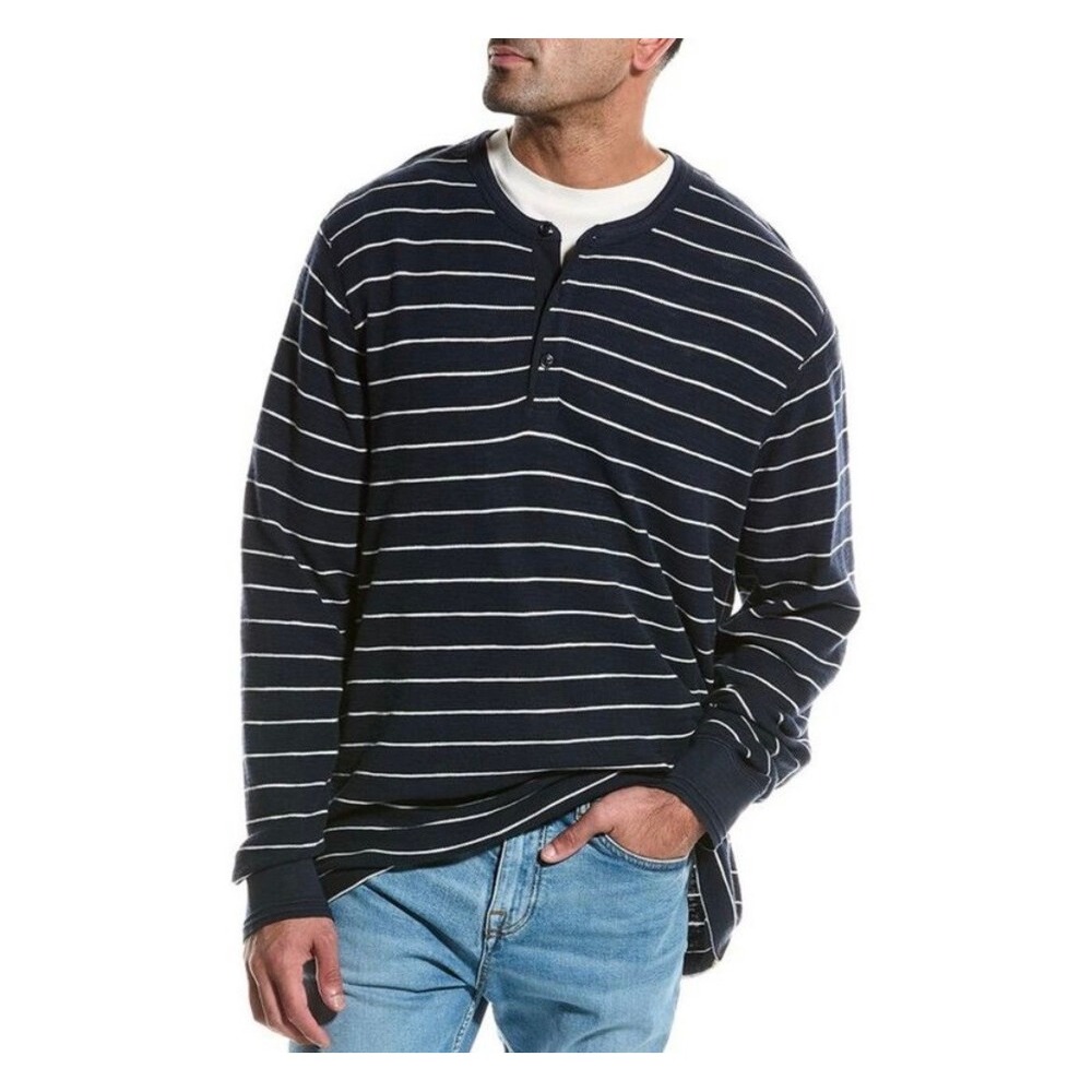 Todd‎ Snyder Long Sleeve Stripe Waffle Henley Classic Navy Blue XL